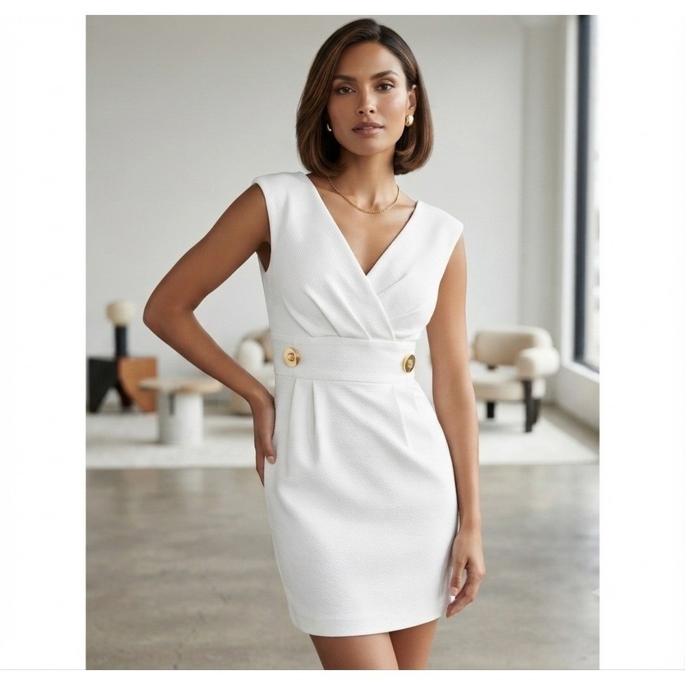 Helene Berman London White Textured 8 Pique V-Neck Gold Button Sheath Dress 8